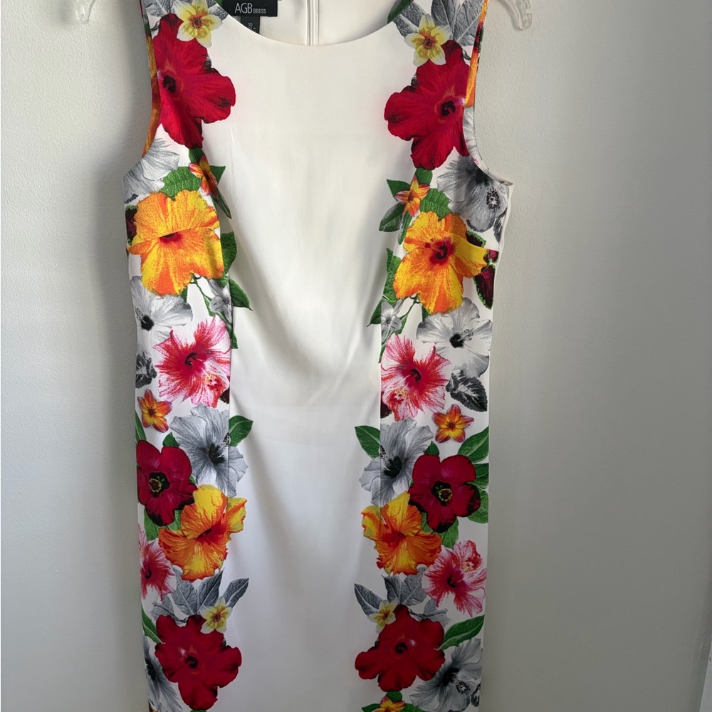 AGB White Midi Dress with Red, Yellow & Pink Floral Panels